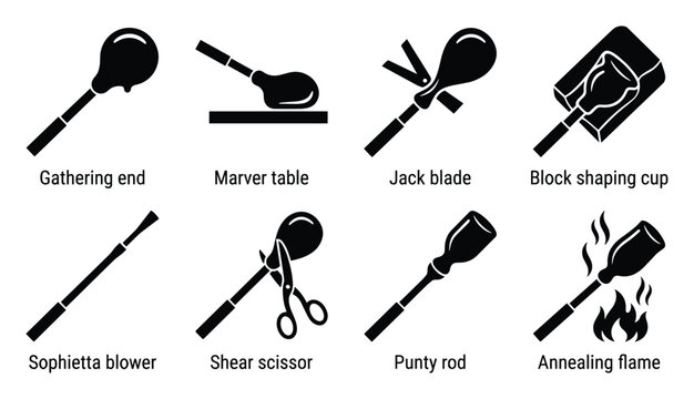 Glassblowing tools detailed silhouette collection, gathering end, marver table, jack blade, shaping cup, blower, scissor, punty rod