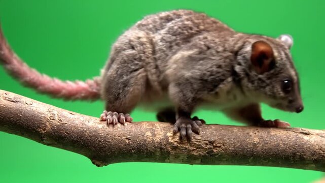 A small, furry nocturnal marsupial with large eyes and a long tail, perched on a brown branch against a vibrant green background.
