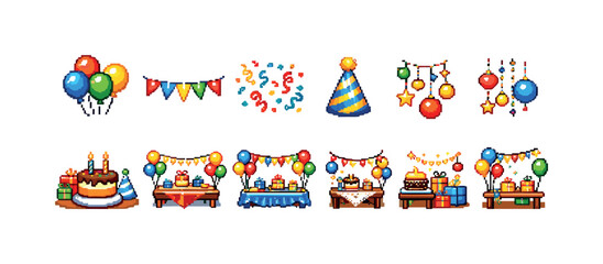 Fototapeta premium Birthday, celebration flat icon set. party, festive decorations and balloons flat icons