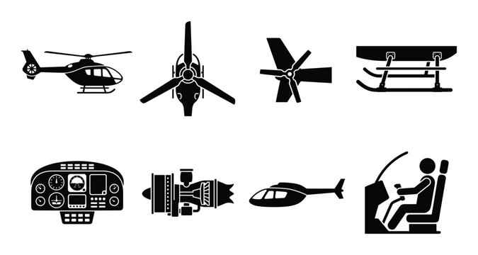 Helicopter components icons set. Rotor, tail, skids, cockpit, engine, pilot silhouette vector. Aviation elements collection.
