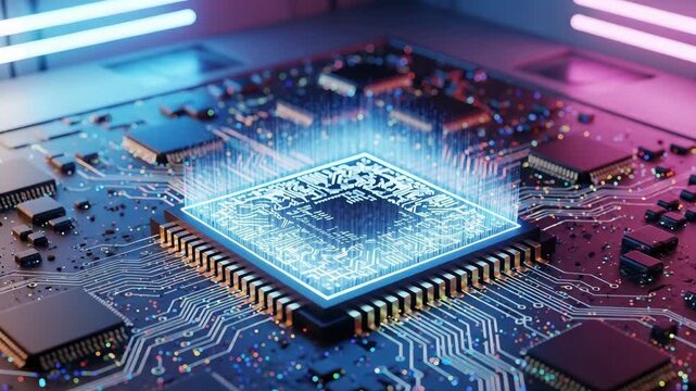 Dynamic glowing microchip central processing unit rendering illustrating complex digital data flow motion video footage