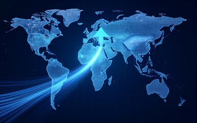 Global digital growth symbolized by a glowing upward arrow over a