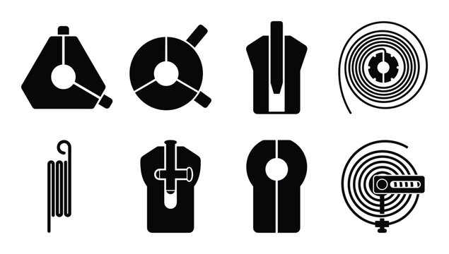 Horology hairspring collet icons, various tool designs for watchmaking, spring repair, mechanical components for timepieces.