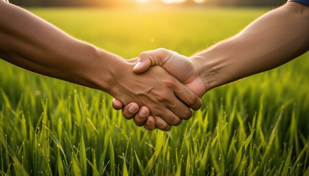 🤝🤝 Handshake in Nature's Embrace: Two hands clasped in a firm handshake against a backdrop of lush green grass and warm sunlight, conveying the essence of partnership and agreement.