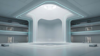 Obraz premium Futuristic White Interior Architecture with Blue Neon Lights
