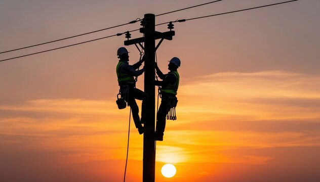 Silhouette of Power Lines: Two utility workers skillfully ascend a wooden utility pole, diligently maintaining the electrical infrastructure as the sun dips below the horizon, casting a warm glow