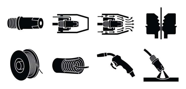 Mig welding contact tip icons set, spool wire and welding process illustrations, nozzle gas shield and seam weld.
