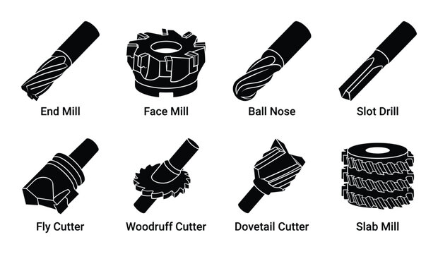 Milling Machine Cutter Head Icons: End Mill, Face Mill, Ball Nose, Slot Drill, Fly Cutter, Woodruff Cutter, Dovetail Cutter, Slab Mill