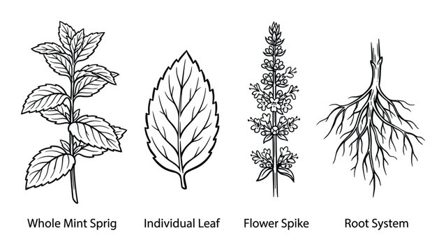 Mint sprig, individual leaf, flower spike and root system detailed line art illustration showing plant anatomy