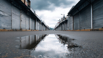 Silent Streets: A moody urban scene, reflecting closed storefronts along a wet street after rainfall under a cloudy sky. The water mirrors the closed structures and the muted tones of the sky.