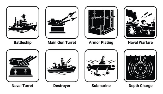 Naval Warfare Icons: Battleship, Turret, Armor, Submarine, Destroyer, Depth Charge designs. Black and White style icon designs.