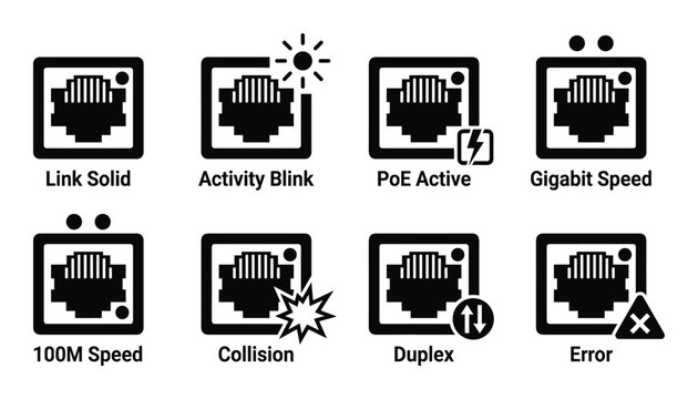 Network switch RJ45 port icons, including Link Solid, Activity Blink, PoE Active, Gigabit, 100M, Collision, Duplex, Error