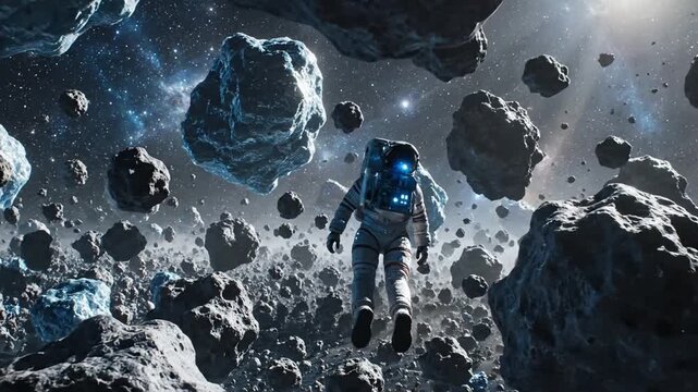 Astronaut exploring asteroid field in deep space with starry background