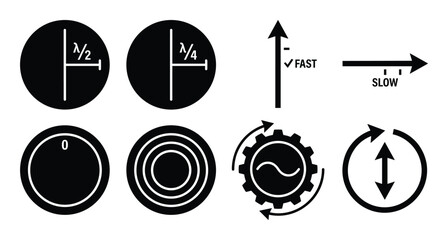 Photonics waveplates vector design, lambda half, lambda quarter, fast slow axis arrows, optics modulation and oscillation symbols