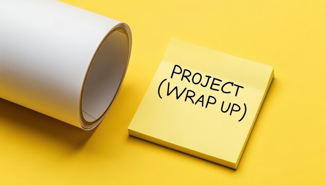 Project Wrap-Up Memo on Yellow Background: A close-up shot showcasing a rolled-up white paper beside a yellow memo, inscribed with PROJECT (WRAP UP) to announce project completion.
