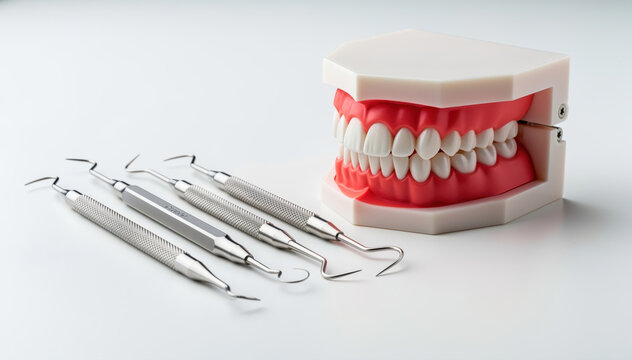 Dental instruments and Teeth Model: This image shows meticulous dental tools alongside a detailed model, emphasizing precision and dental care. 