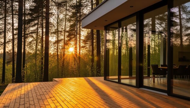 Modern Home in the Wilderness: A sleek, contemporary house with expansive glass windows and a wooden deck seamlessly merges with the tranquil forest.
