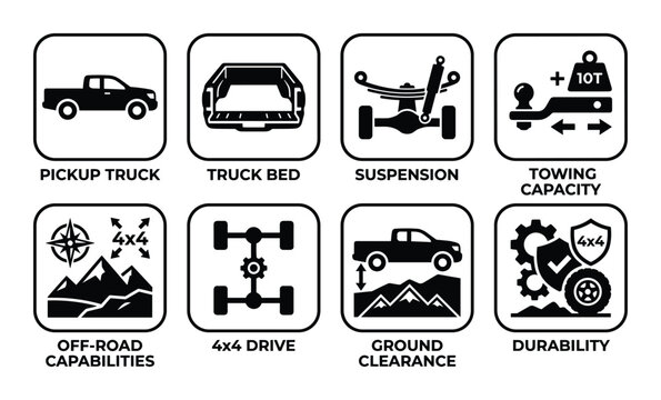 Pickup truck features icons: truck bed, suspension, towing capacity, off-road capabilities, 4x4 drive, ground clearance, durability