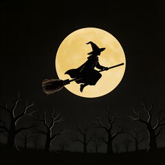 Midnight Soar: Witch Silhouette Riding Broom Under Full Moon