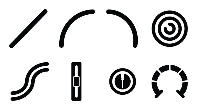Potentiometer rotary switch control elements detailed silhouette collection. Knobs, slider, curved arrows, and spiral elements.
