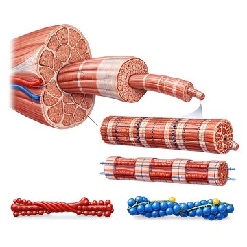 Detailed Anatomical Illustration of Skeletal Muscle Structure from Muscle Bundle to Myofilaments (Actin and Myosin)