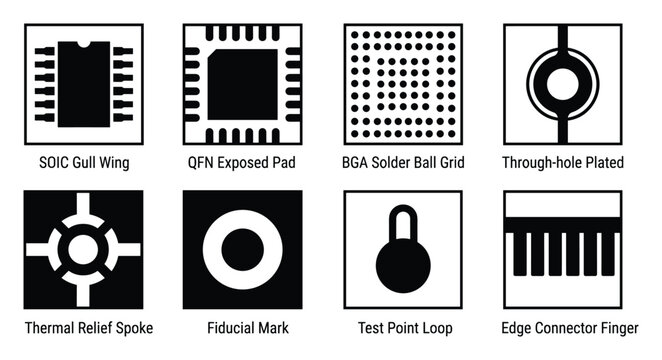 Printed circuit board component symbols detailed vector collection, including SOIC, QFN, BGA, plated hole, thermal, loop, and edge connector