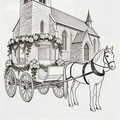 Vintage Floral Horse Carriage: Gothic Stone Church Wedding Illustration