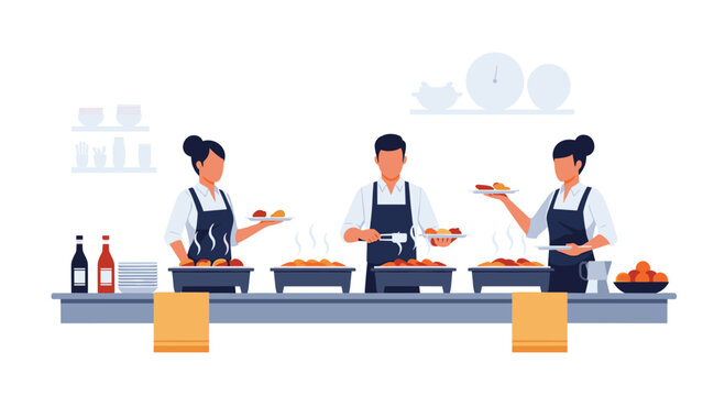 Three chefs, two women and one man, are actively serving hot food from chafing dishes onto plates along a buffet line.