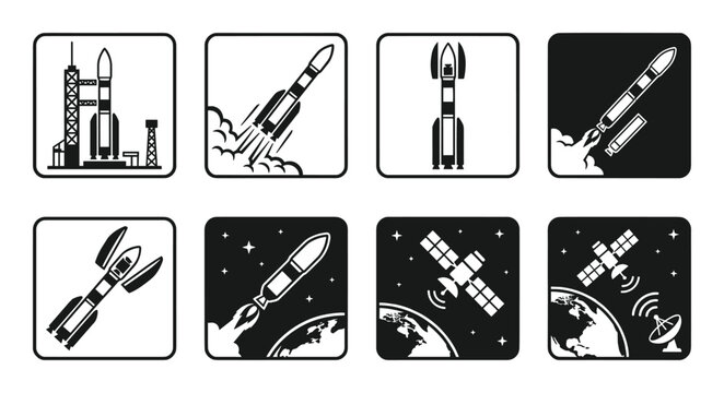 Rocket launch stages vector illustration featuring payload, space satellite deployment, from launchpad to orbit, depicting mission phases
