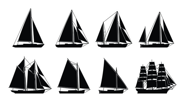 Sail plan rig icons collection showing different types of sailboats and ships with various sail configurations in black silhouettes.