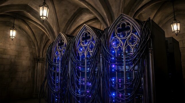 Futuristic data servers housed in ornate gothic-style frames with glowing blue lights and a complex network of cables.