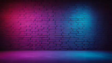 A colorful brick wall with pink and blue neon lights shining on it