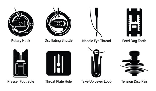 Sewing machine parts vector icons. Rotary hook, oscillating shuttle, needle eye thread, feed dog teeth, and presser foot sole images