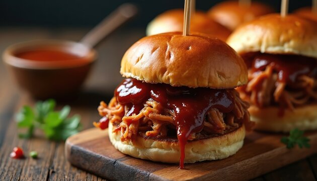 Pulled pork sliders smothered in barbecue sauce are served on a wooden board. Appetizing meat sandwiches with fluffy buns are ready to eat. Delicious fast food for a party or casual meal.