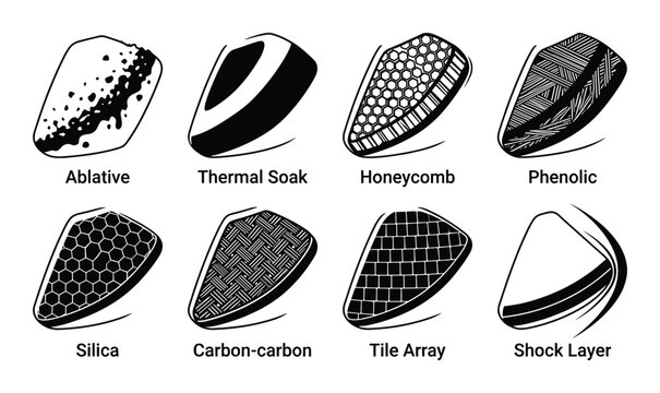 Space Capsule Heat Shield Icons Set: Ablative, Thermal Soak, Honeycomb, Phenolic, Silica, Carbon-carbon, Tile Array, Shock Layer