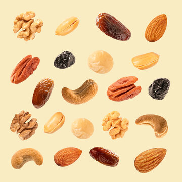 collection of mixed nuts, cashew nuts, almonds, walnuts, pecans, and raisins. Ideal for healthy snack,  nut branding, and nutritious energy food .