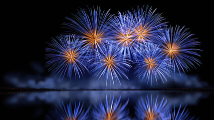 Fototapeta premium Celestial Symphony: Spectacular fireworks bloom in the night sky, their vibrant hues reflected in the tranquil water below, a dazzling display of light and artistry.
