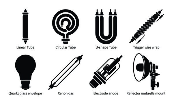 Strobe flash bar collection vector set featuring linear tube, circular, u-shape tubes, trigger, xenon, and reflector umbrella mount.