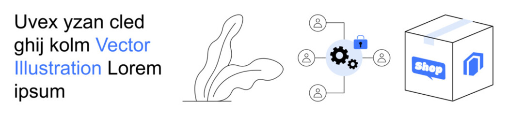 E-commerce, network security, digital communication, logistics, online shopping, business strategy. Visual elements show a network with gears and a shop box. E-commerce and network security are