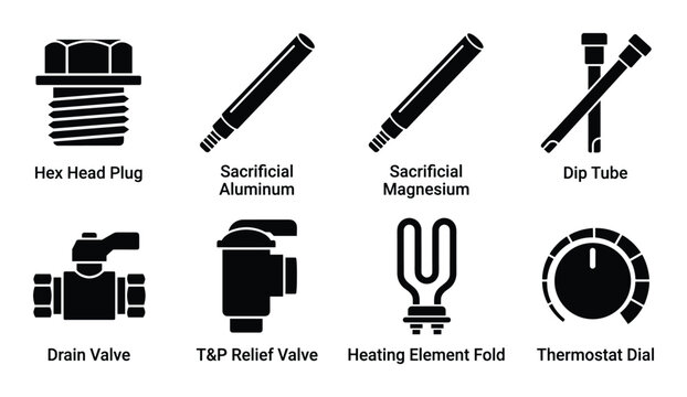 Water Heater Components: Hex Plug, Sacrificial Anodes, Dip Tube, Valves, Heating Element, and Thermostat Dial Icons Set