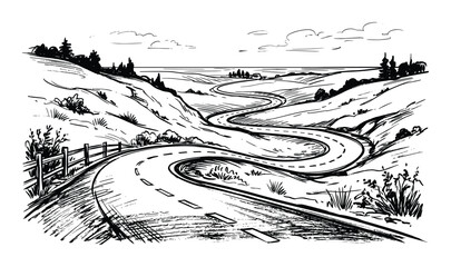Obraz premium Winding road illustration through landscape, scenic route with trees and hills, nature travel adventure artwork