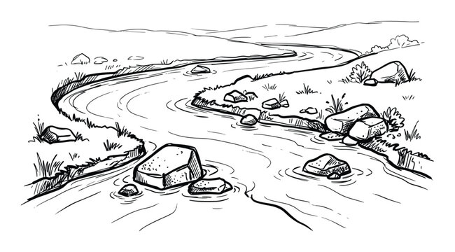 Winding river stream flowing through landscape with rocks and vegetation vector illustration sketch drawing