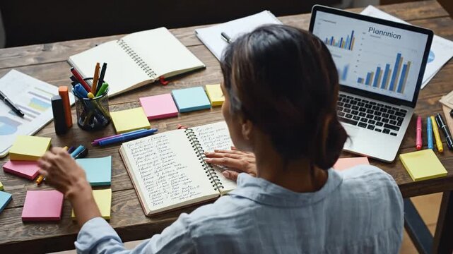 Woman relaxing at messy desk with laptop and sticky notes, taking a break from work.