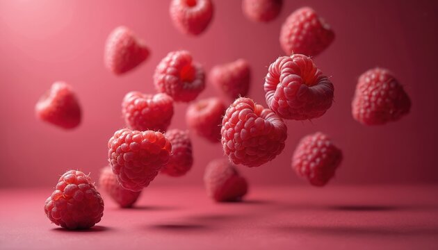 Several fresh raspberries float in air against a bright pink background. The juicy berries create a dynamic and attractive composition perfect for food or lifestyle themes.