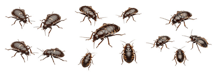 Bed bug set Cimex lectularius collection blood sucking parasites for medical wildlife study and pest control isolated on white background PNG cutout high quality digital asset
