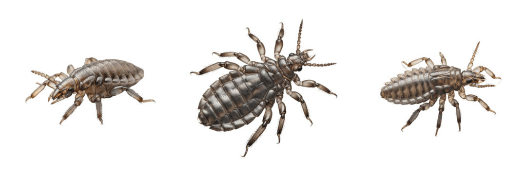 Head Louse Pediculus humanus capitis isolated on white background, parasitic insect, Phthiraptera, wingless human parasite, macro set, louse nymph, medical specimen.