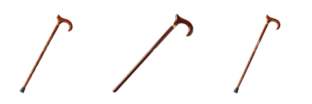 Walking Stick Cane Isolated on White Background. Wooden Mobility Aid Set. Orthopedic Medical Equipment Handle Support. Carved Timber Handheld Assistive Accessory Tool.