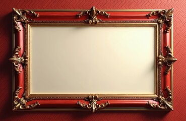 Luxurious ornate vintage rectangular frame with red wood and gold details. Blank creamy white space inside ready for art, photo, or text. Background is red textured wallpaper.
