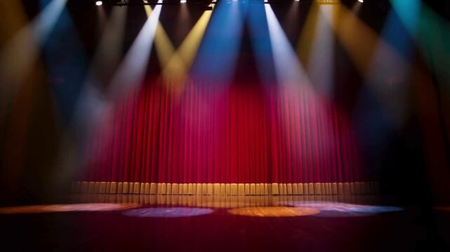 Theatre stage with red curtains and colorful spotlights shining down