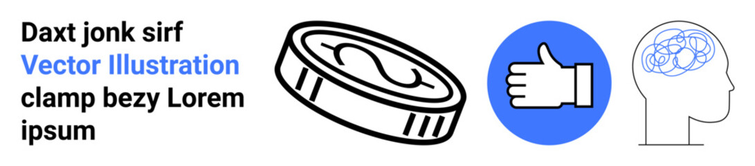Obraz premium Finance, approval, mental health, decision-making, psychology, currency. Coin with a dollar symbol, a thumbs-up gesture and a human head with abstract brain lines. Finance and approval concept